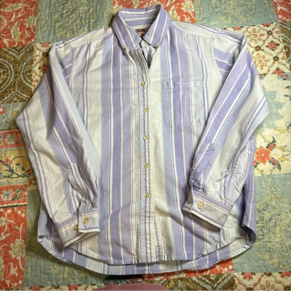 L.L. Bean Women's Purple and White Striped Button Down Shirt 100% Cotton Coastal